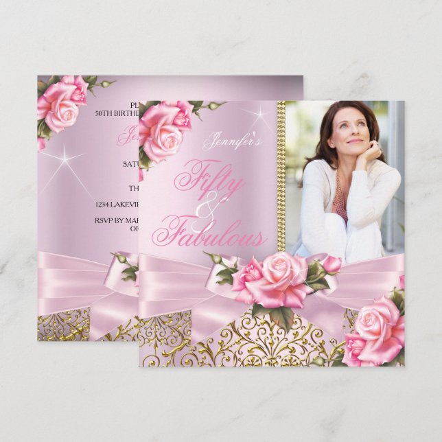 Pink Fabulous 50 Rose Bow Photo Birthday Party Invitation (Front/Back)