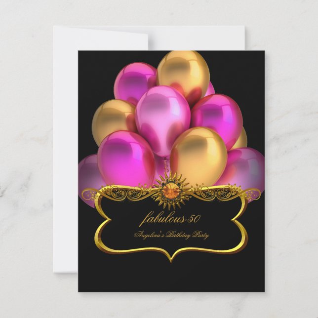 Pink Fabulous Black Gold Balloons Birthday Party Invitation (Front)