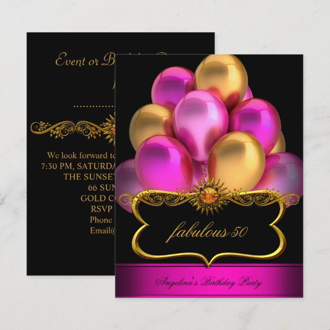Pink Fabulous Black Gold Balloons Birthday Party Invitation (Front/Back)