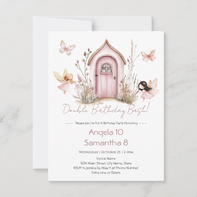 Pink Fairies Double Birthday Bash Kids Invitation (Front)