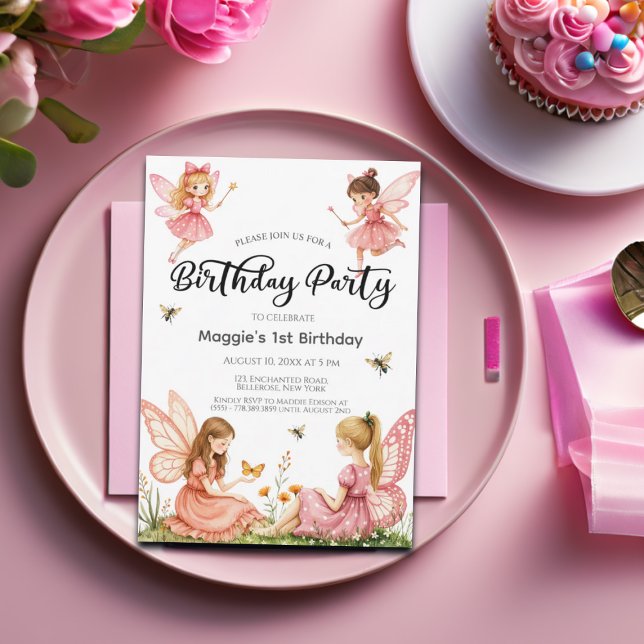 Pink Fairies Woodland 1st Birthday Party Invitation (Creator Uploaded)
