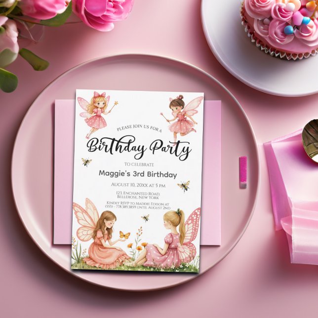 Pink Fairies Woodland 3rd Birthday Party Invitation (Creator Uploaded)