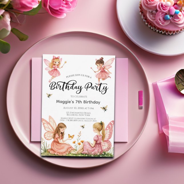 Pink Fairies Woodland 7th Birthday Party Invitation (Creator Uploaded)