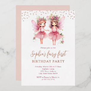 Pink Fairy 1st Birthday Party Invitation 