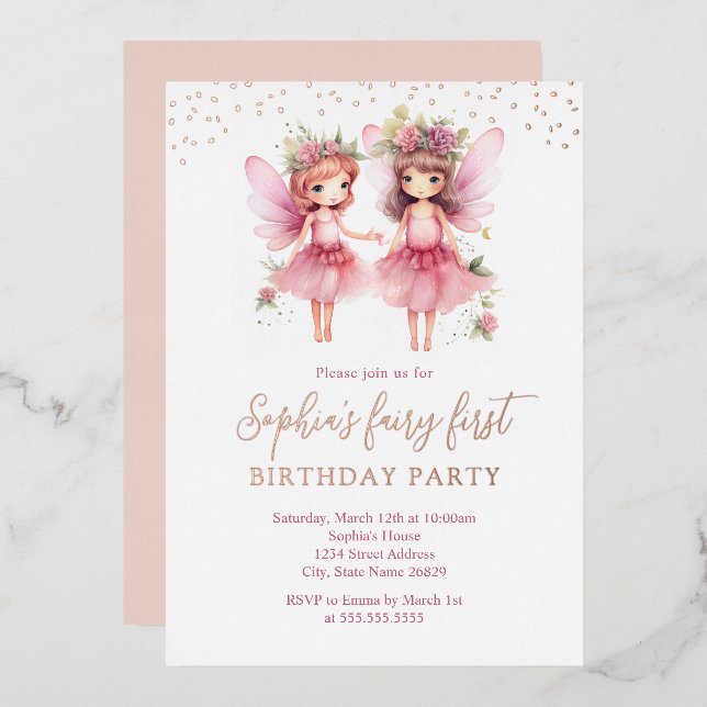Pink Fairy 1st Birthday Party Invitation  (Front/Back)