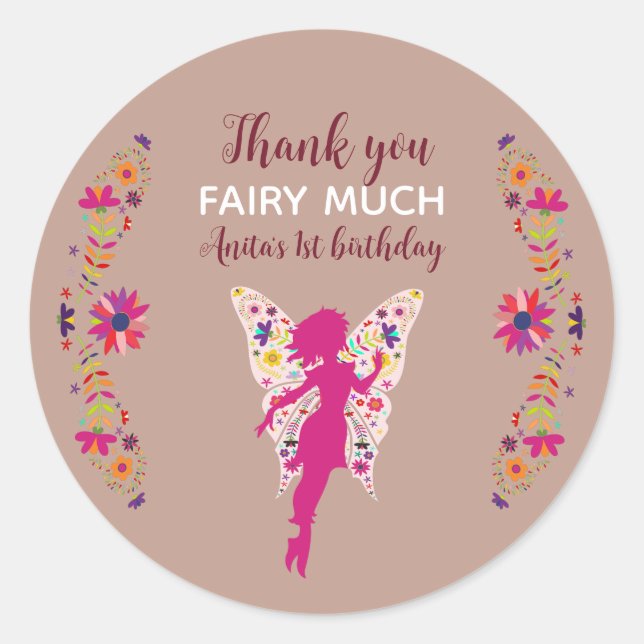 Pink Fairy 1st Birthday Thank You Classic Round St Classic Round Sticker (Front)