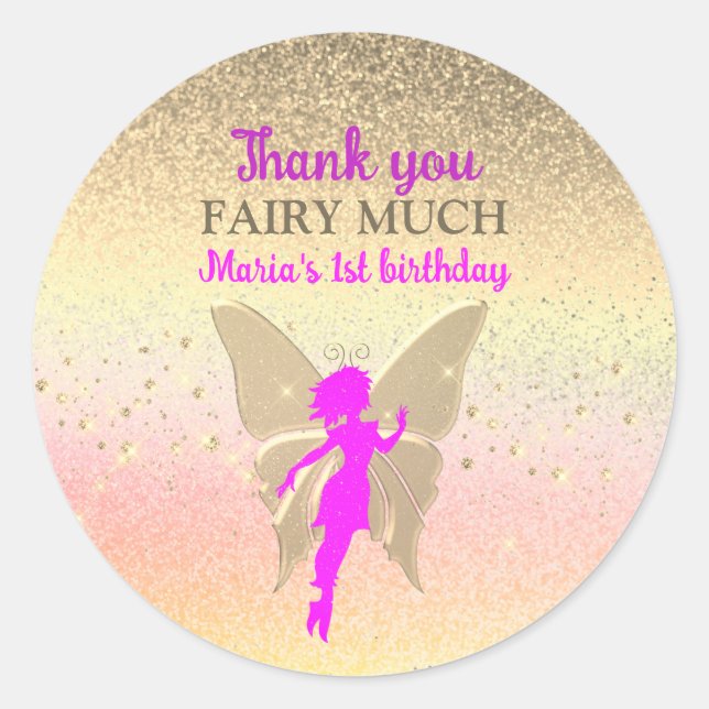 Pink Fairy 1st Birthday Thank You Classic Round Sticker (Front)