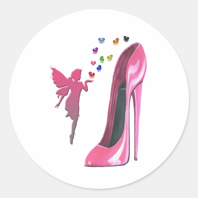 Pink Fairy and Stiletto Shoe Art Classic Round Sticker (Front)