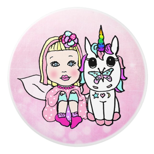 Pink Fairy and Unicorn Ceramic Knob (Front)
