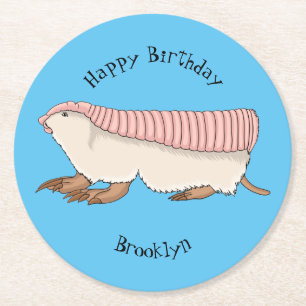 Pink fairy armadillo cartoon illustration round paper coaster