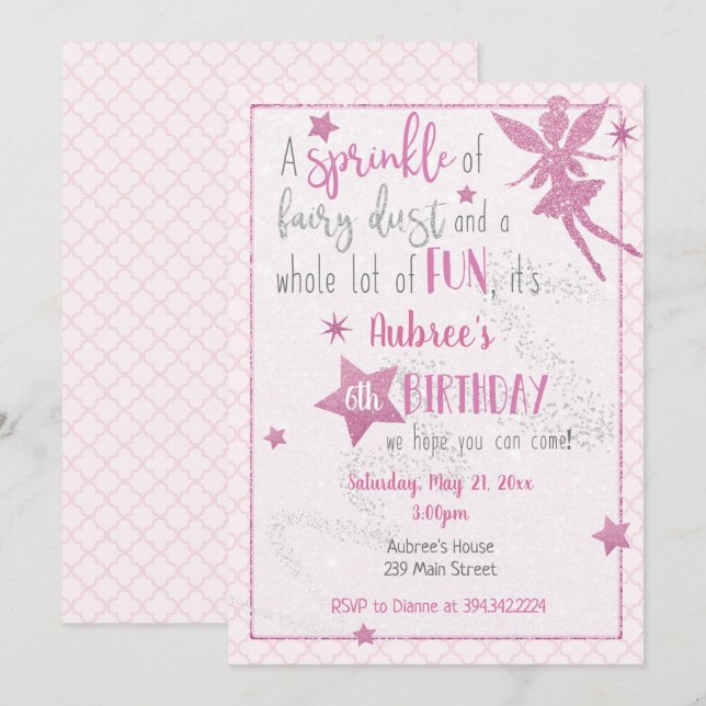 Pink Fairy Birthday Invitation (Front/Back)