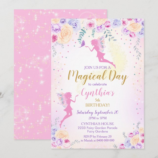 Pink Fairy Birthday Invitation Fairy Garden (Front/Back)