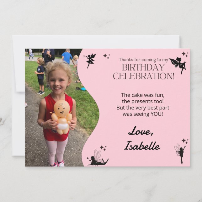 Pink Fairy Birthday Party Thank You Card (Front)
