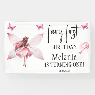 Pink Fairy Butterflies Magic Wand First Birthday  Banner