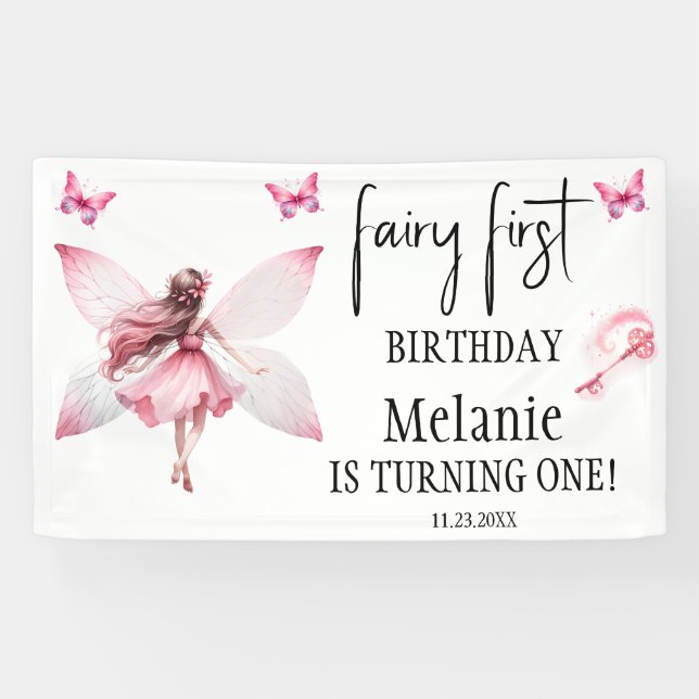 Pink Fairy Butterflies Magic Wand First Birthday  Banner (Horizontal)