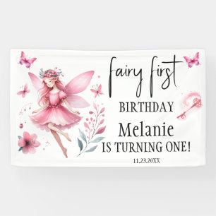 Pink Fairy Butterflies Magic Wand First Birthday  Banner