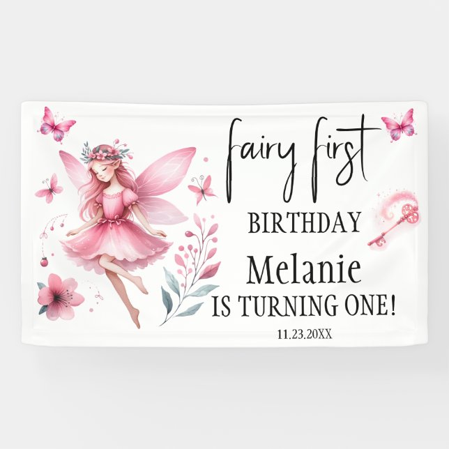 Pink Fairy Butterflies Magic Wand First Birthday  Banner (Horizontal)