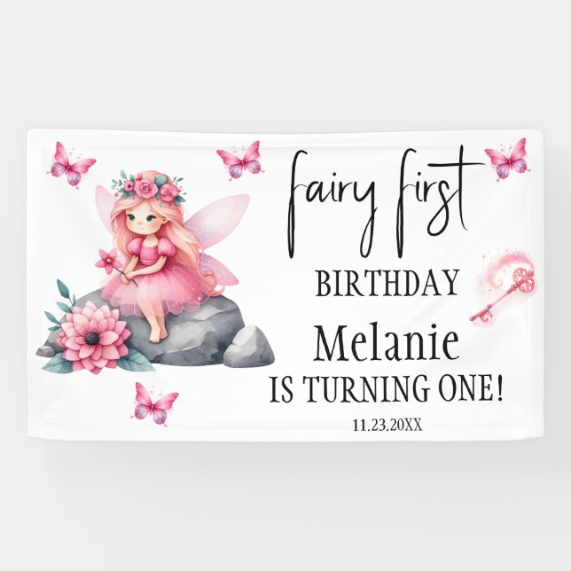 Pink Fairy Butterflies Magic Wand First Birthday  Banner (Horizontal)