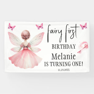Pink Fairy Butterflies Magic Wand First Birthday  Banner