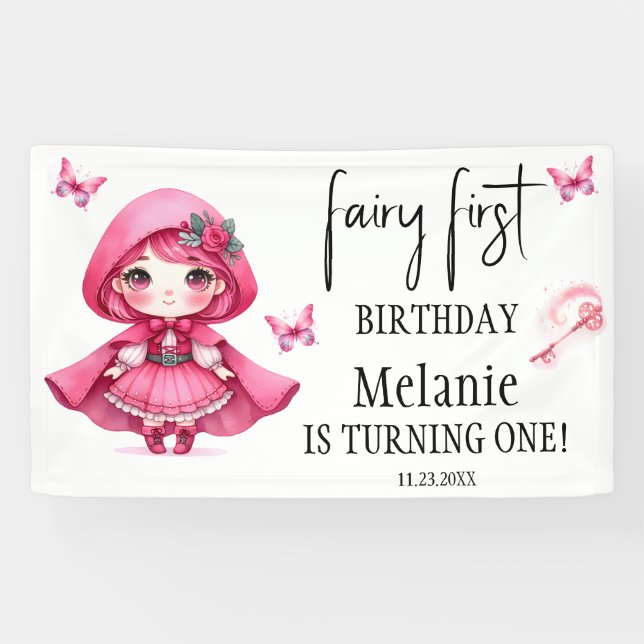 Pink Fairy Butterflies Magic Wand First Birthday  Banner (Horizontal)