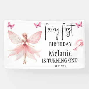Pink Fairy Butterflies Magic Wand First Birthday  Banner