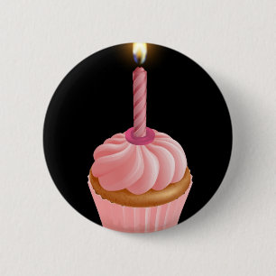 Pink fairy cake cupcake with birthday candle 6 cm round badge
