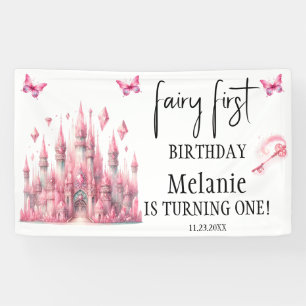Pink Fairy Castle Pink Butterflies First Birthday  Banner