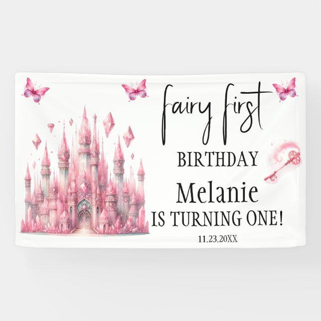 Pink Fairy Castle Pink Butterflies First Birthday  Banner (Horizontal)