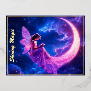 Pink fairy crescent moon glow cute magic foil holiday postcard