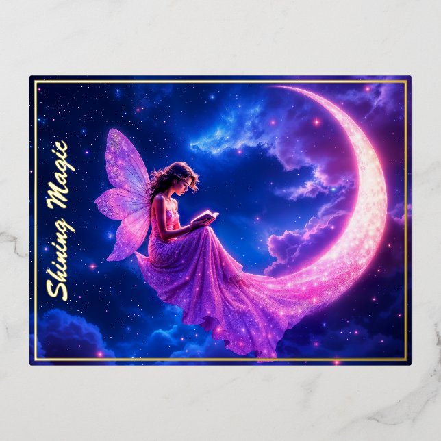 Pink fairy crescent moon glow cute magic foil holiday postcard (Front)
