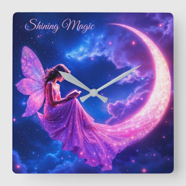 Pink fairy crescent moon glow cute magic square wall clock (Front)