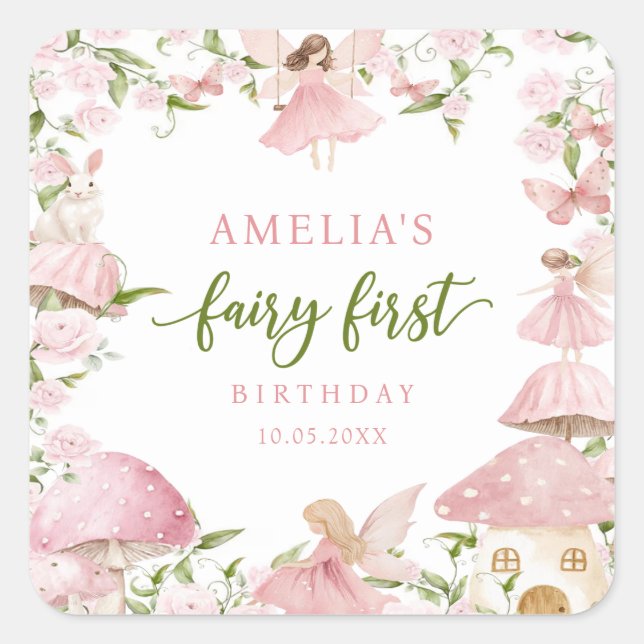 Pink Fairy First Birthday Party Sticker (Front)