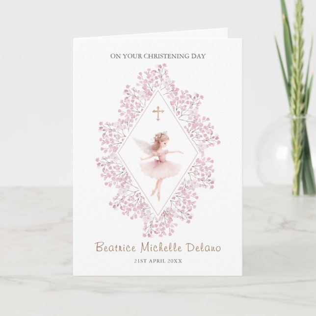 Pink Fairy Floral Cross on Your Christening Day Card (Front)