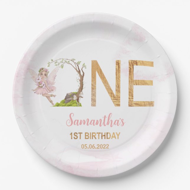 Pink Fairy Floral Forest 1st Birthday Paper Plate (Front)