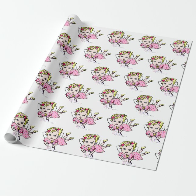 Pink Fairy Flying Gift Wrap (Unrolled)