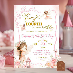 Pink Fairy Fourth Girl Birthday Invitation