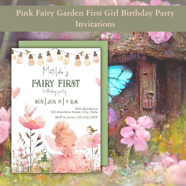 Pink Fairy Garden First Girl Birthday Party  Invitation (Creator Uploaded)