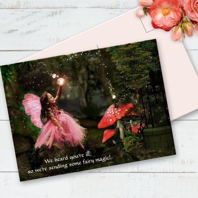 Pink Fairy Girl Get Well Soon Postcard (Get Well Soon Postcard featuring a magical illustration of a fairy in an enchanted garden)