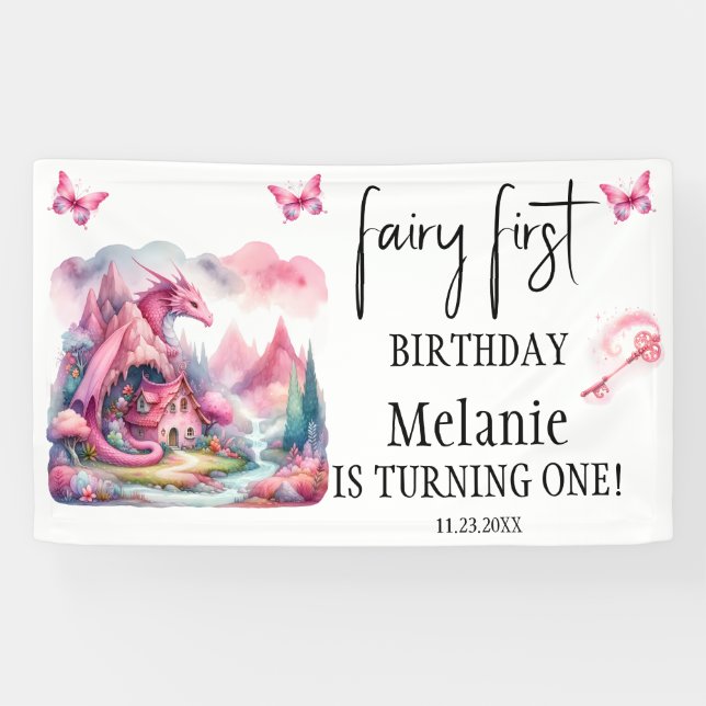 Pink Fairy House Pink Dragon First Birthday  Banner (Horizontal)
