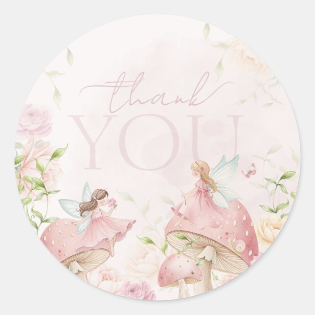 Pink Fairy Mushroom Floral 1st Birthday Thanks Classic Round Sticker (Front)