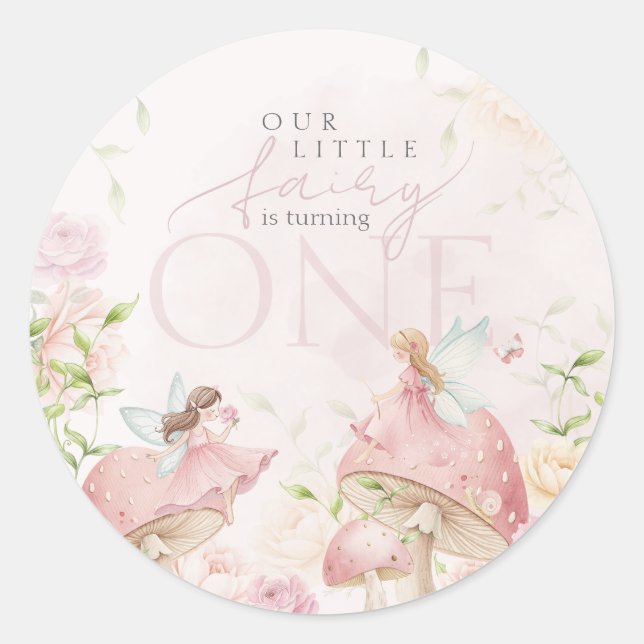 Pink Fairy Mushroom Floral Garden 1st Birthday Classic Round Sticker (Front)