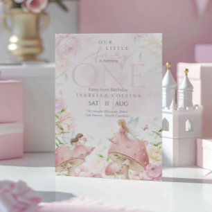 Pink Fairy Mushroom Floral Garden 1st Birthday  Invitation