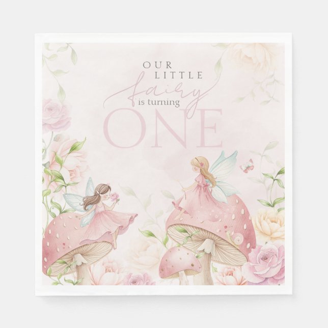 Pink Fairy Mushroom Floral Garden 1st Birthday Napkin (Front)