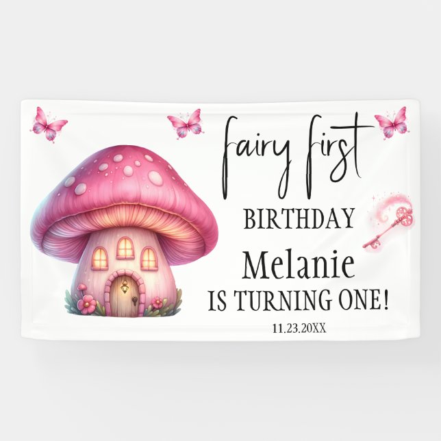 Pink Fairy Mushroom House First Birthday  Banner (Horizontal)