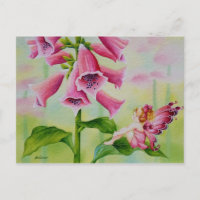 Pink Fairy on Foxglove Flower Watercolor Art