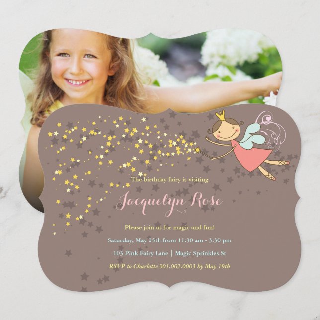 Pink Fairy Princess And Stars Photo Girl Birthday Invitation (Front/Back)
