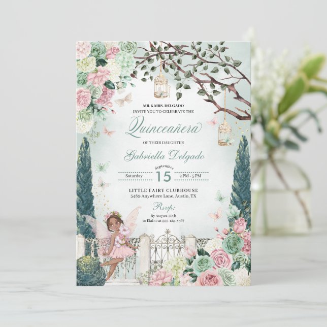 Pink Fairy Princess Enchanted Garden Quinceanera Invitation (Standing Front)