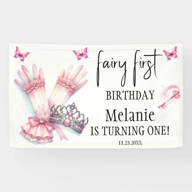 Pink Fairy Tiara Pink Butterflies First Birthday  Banner (Horizontal)