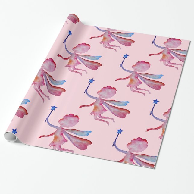 Pink Fairy Watercolor Drawing  Wrapping Paper (Unrolled)