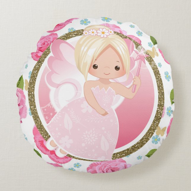 Pink Fairy with Roses Girly Throw Pillow (Front)